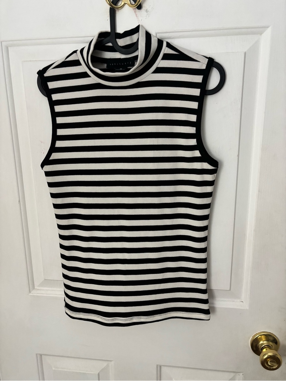 Sanctuary Black & White Striped Sleeveless Mock Neck Tank